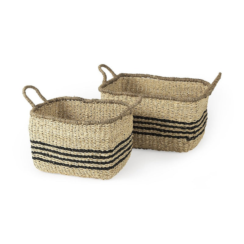 Set of Two Natural And Black Striped Seagrass Rattan Baskets