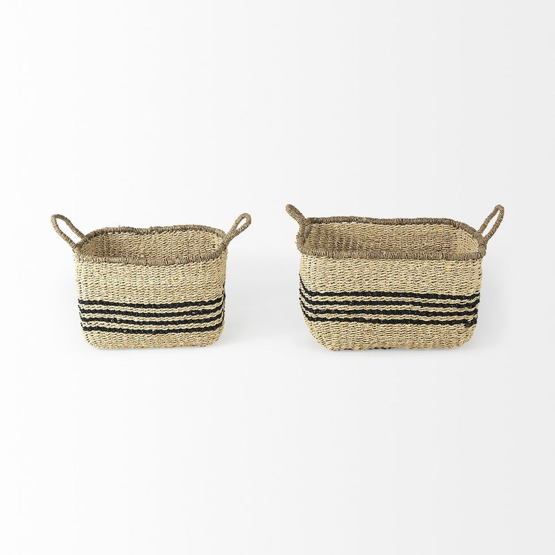 Set of Two Natural And Black Striped Seagrass Rattan Baskets