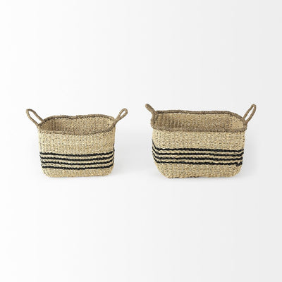 Set of Two Natural And Black Striped Seagrass Rattan Baskets