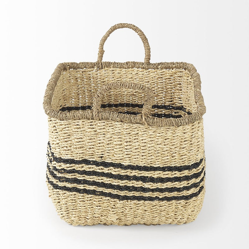 Set of Two Natural And Black Striped Seagrass Rattan Baskets