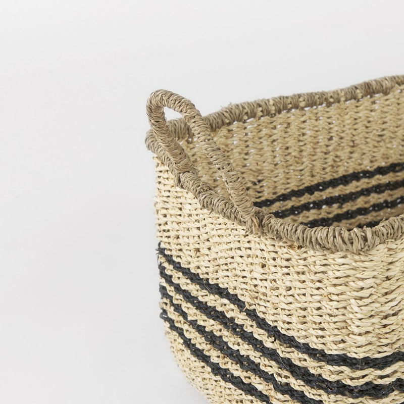 Set of Two Natural And Black Striped Seagrass Rattan Baskets