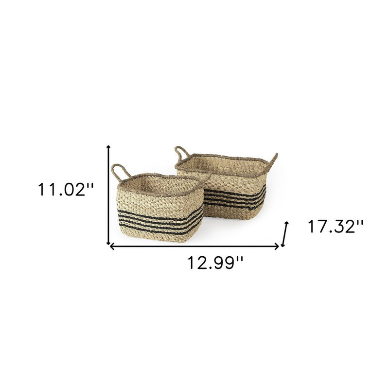 Set of Two Natural And Black Striped Seagrass Rattan Baskets