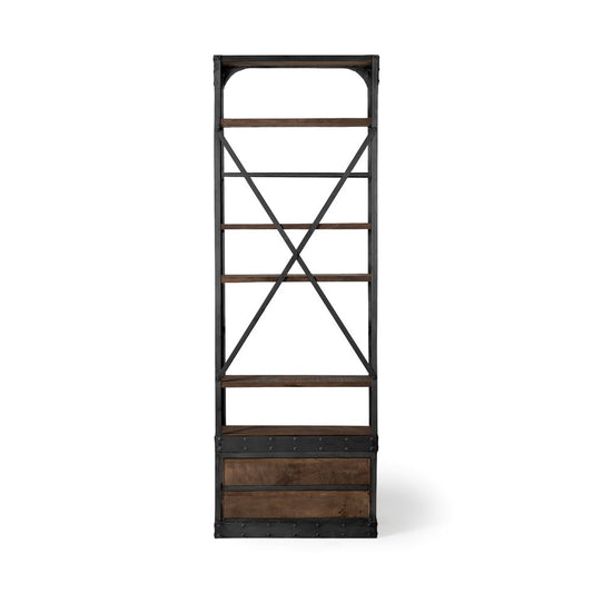 Black Iron and Solid Wood Five Tier Bookcase with Two Drawers
