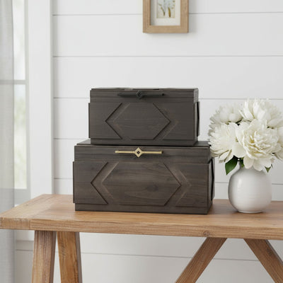 Set of Two Brown Solid Wood Box With Lid