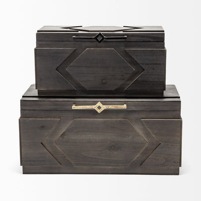 Set of Two Brown Solid Wood Box With Lid