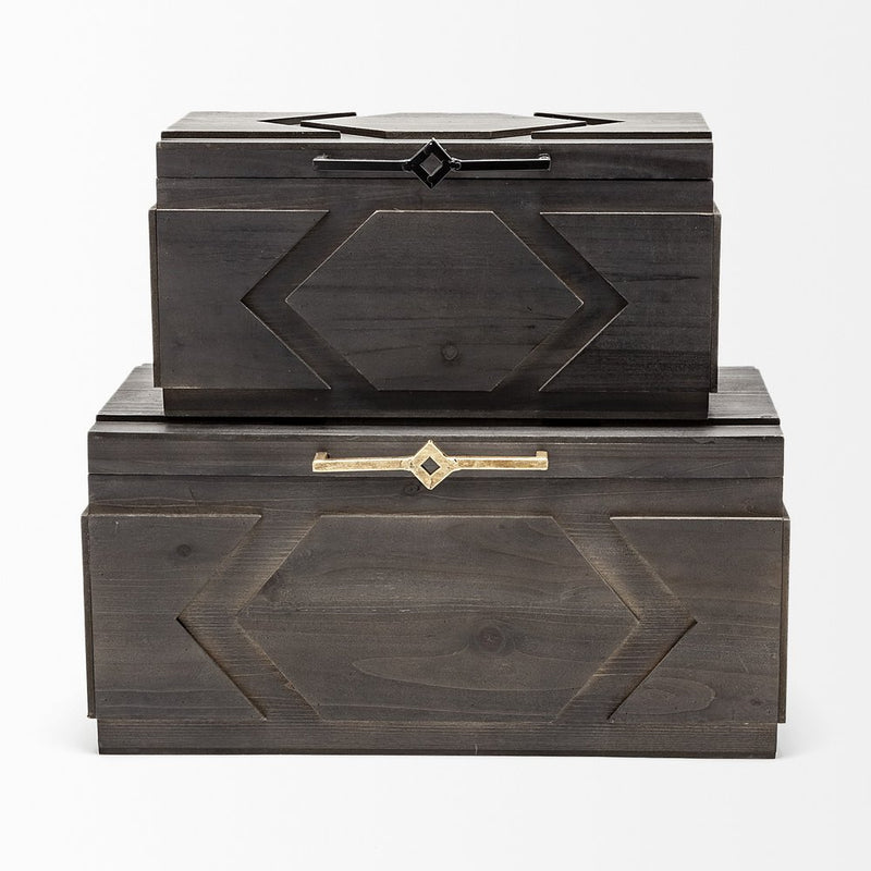Set of Two Brown Solid Wood Box With Lid