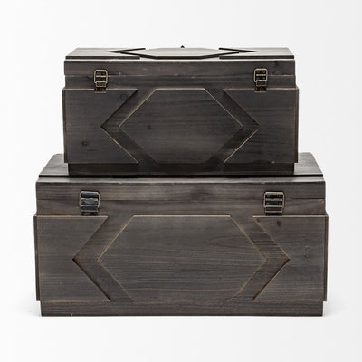 Set of Two Brown Solid Wood Box With Lid