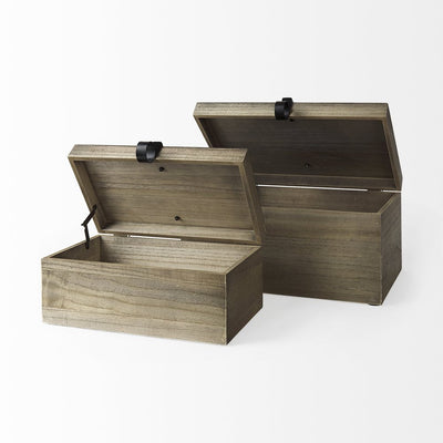 Set of Two Brown Solid Wood Box With Lid