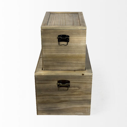 Set of Two Brown And Natural Cane And Solid Wood Box With Lid