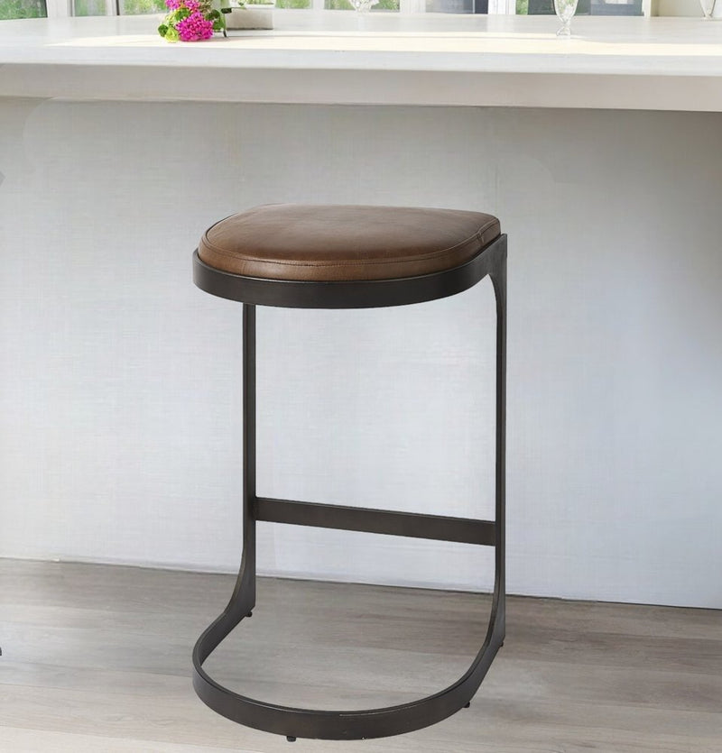 29" Black Leather and Metal Backless Bar Chair