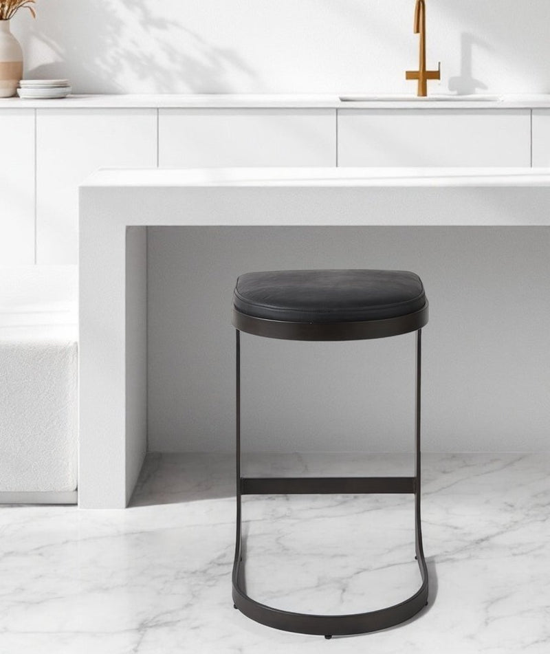 29" Black Faux Leather and Metal Backless Bar Chair