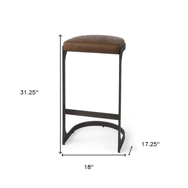 35" Black Leather and Metal Backless Bar Chair