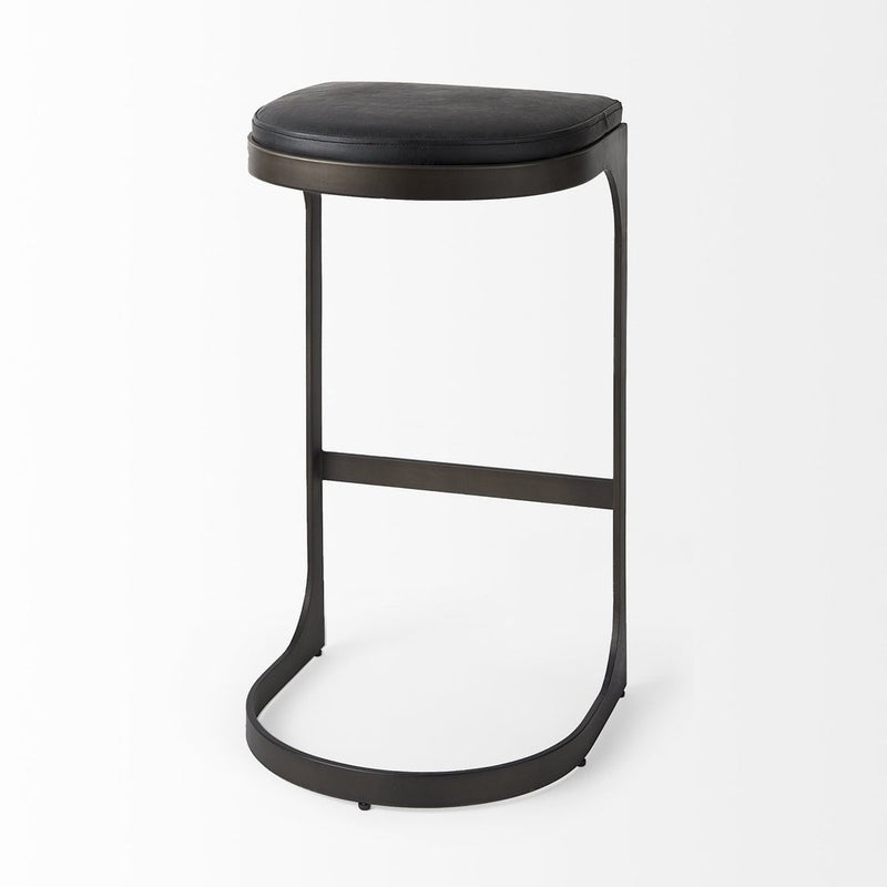 35" Black Leather and Metal Backless Bar Chair