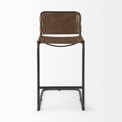 35" Brown and Black Leather and Metal Bar Chair