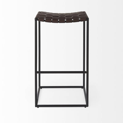 30" Brown And Black Leather And Iron Backless Bar Height Bar Chair