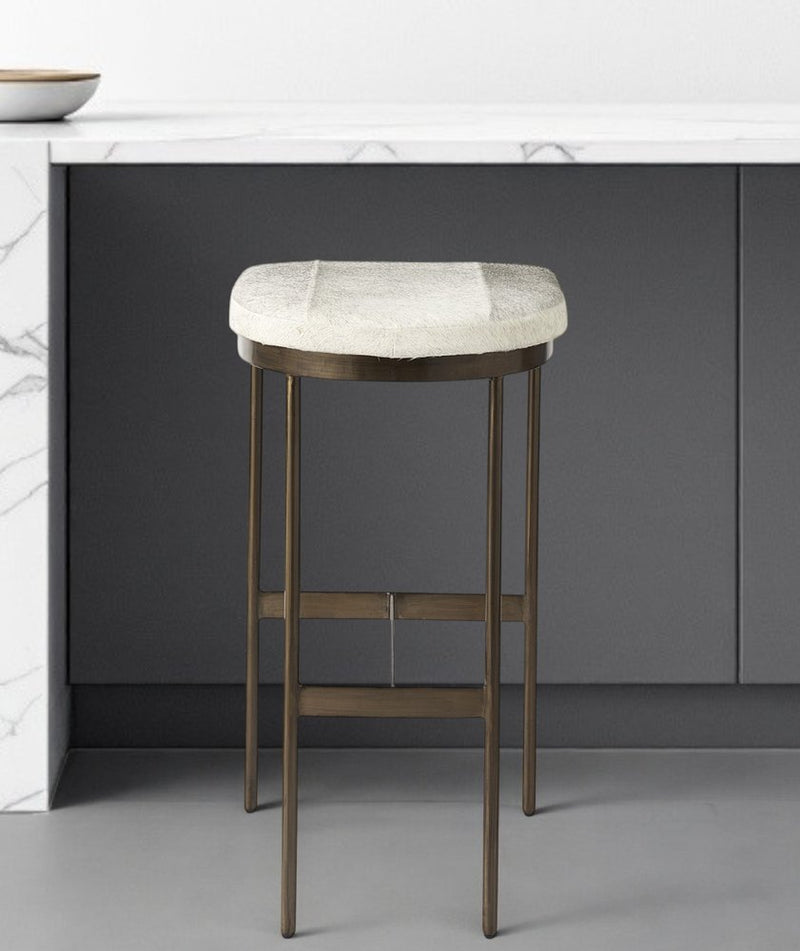 35" Gold Leather and Metal Backless Bar Chair