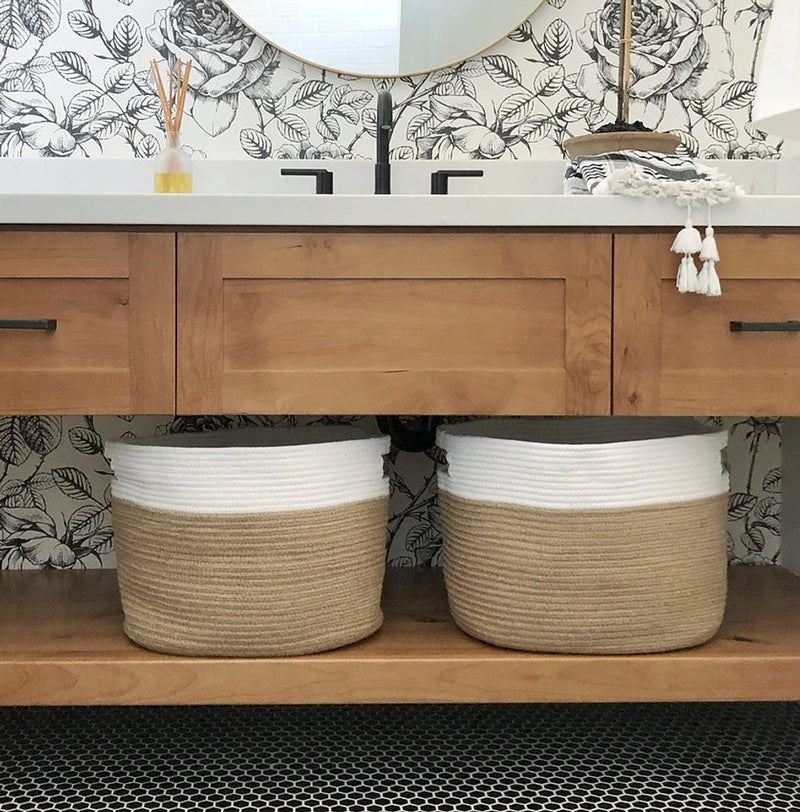 Set of Two White and Natural Jute Rope Baskets