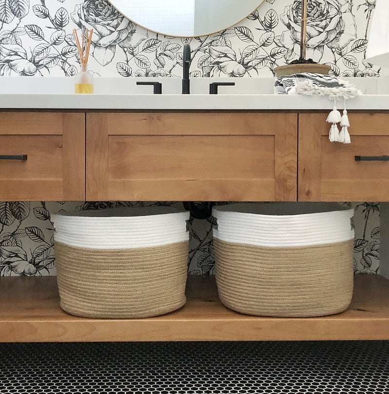 Set of Two White and Natural Jute Rope Baskets