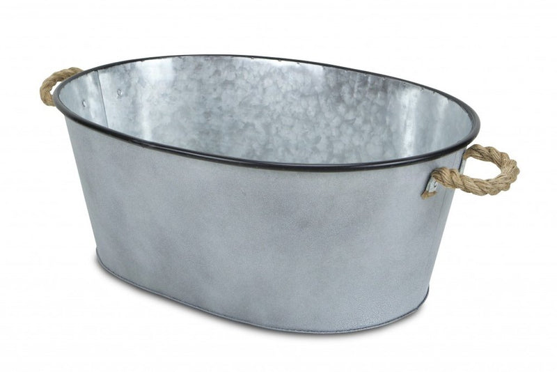 24" Silver Metal Oval Bucket with Rope Handles