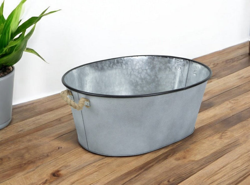 24" Silver Metal Oval Bucket with Rope Handles