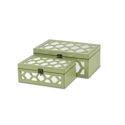Set of Two Green Mirrored Glass And Solid Wood Box With Lid