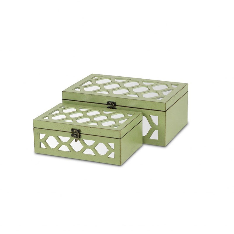 Set of Two Green Mirrored Glass And Solid Wood Box With Lid