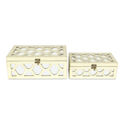 Set of Two White Mirrored Glass And Solid Wood Box With Lid