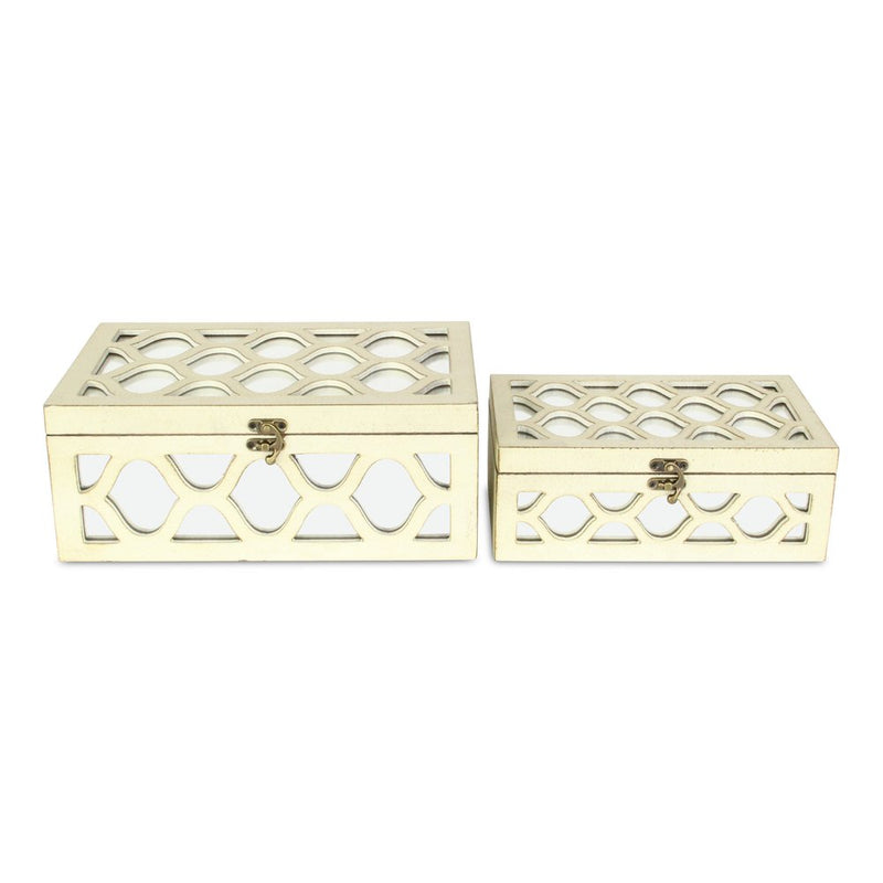 Set of Two White Mirrored Glass And Solid Wood Box With Lid
