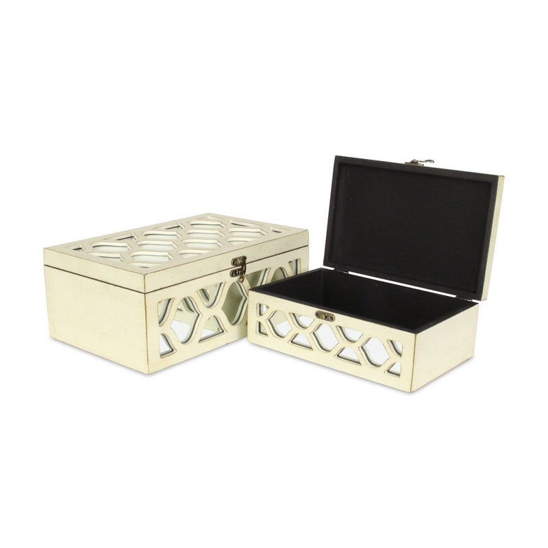 Set of Two White Mirrored Glass And Solid Wood Box With Lid