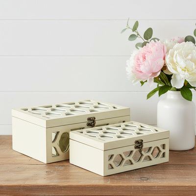 Set of Two White Mirrored Glass And Solid Wood Box With Lid