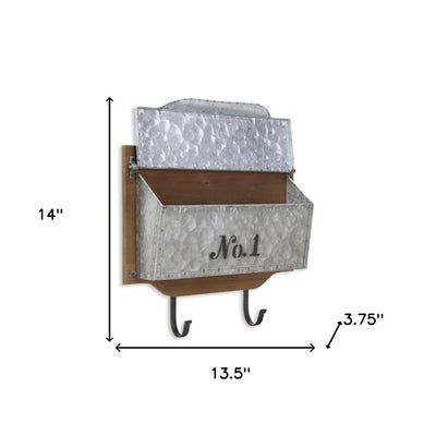 14" Brown And Gray Metal And Solid Wood Mail Box With Lid