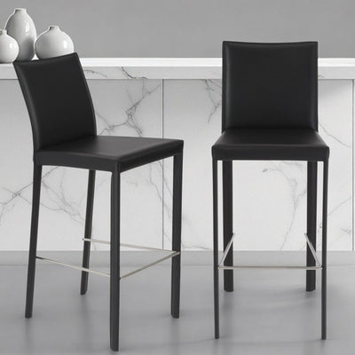 Set of Two 30" Black Faux Leather and Steel Bar Height Bar Chairs