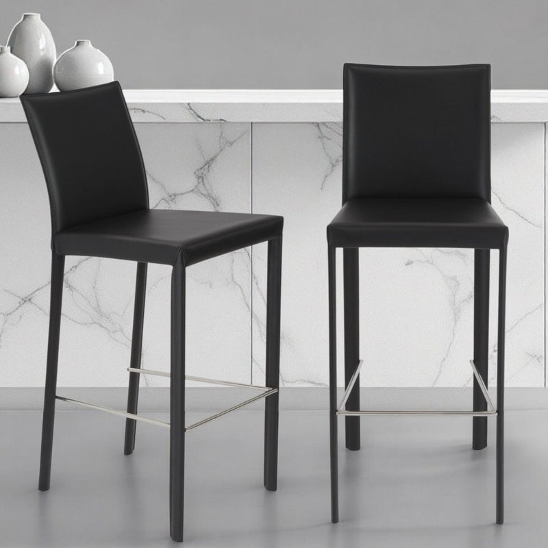 Set of Two 30" Black Faux Leather and Steel Bar Height Bar Chairs