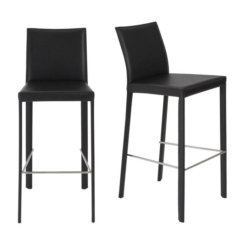 Set of Two 30" Black Faux Leather and Steel Bar Height Bar Chairs