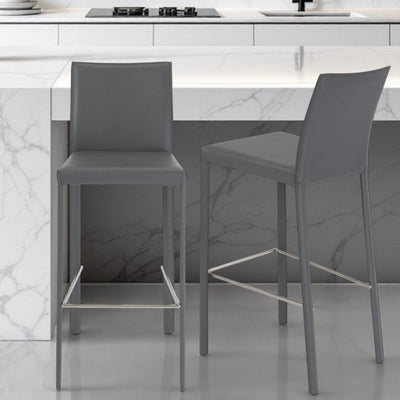 Set of Two 30" Gray Faux Leather and Steel Bar Height Bar Chairs