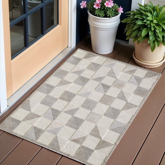 2' X 4' Gray Geometric Stain Resistant Indoor Outdoor Area Rug