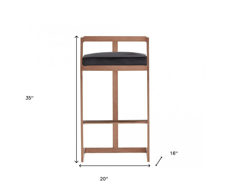 30" Black And Rose Gold Velvet And Stainless Steel Low Back Bar Height Bar Chair