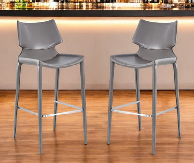 Set of Two 30" Gray Faux Leather And Steel Low Back Bar Height Bar Chairs