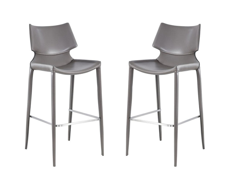 Set of Two 30" Gray Faux Leather And Steel Low Back Bar Height Bar Chairs