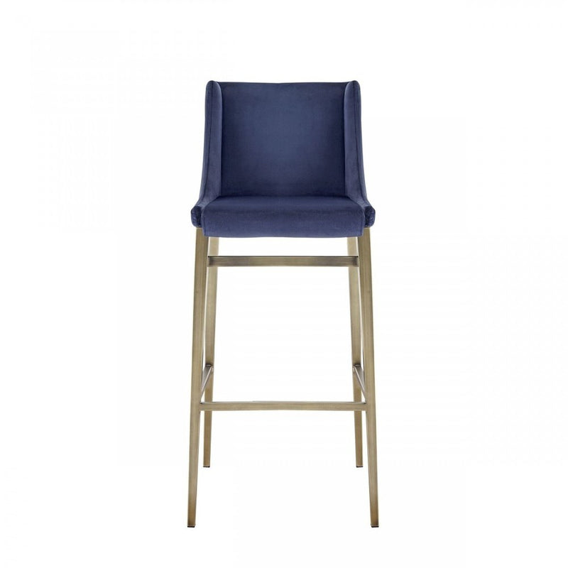 Set of Two 31" Blue And Silver Velvet And Steel Bar Height Bar Chairs