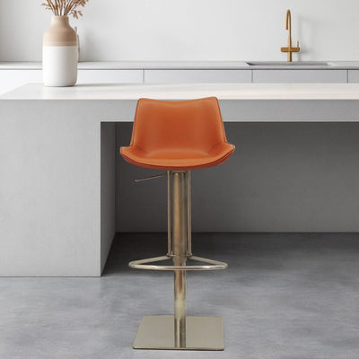Adjustable Height Terra Cotta And Silver Faux Leather And Stainless Steel Swivel Bar Height Bar Chair