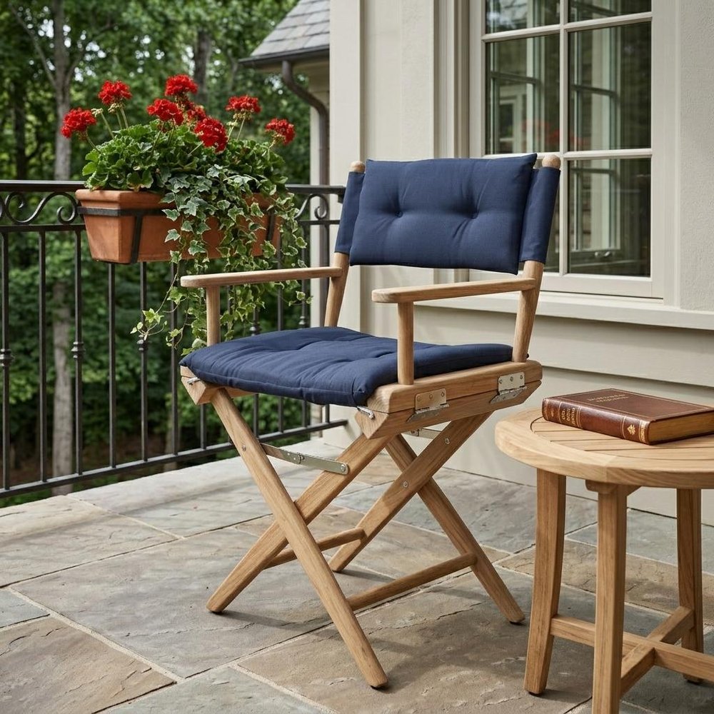 Navy Blue And Brown Solid Wood Director Chair With Navy Blue Cushion