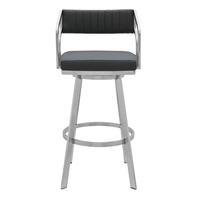 26" Gray And Silver Iron Swivel Low Back Counter Height Bar Chair