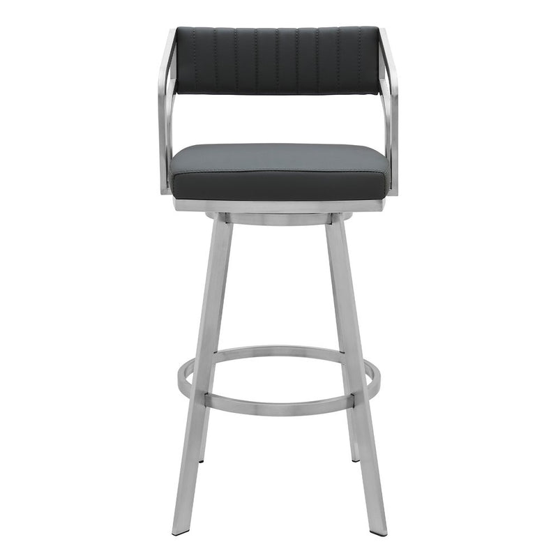 26" Gray And Silver Iron Swivel Low Back Counter Height Bar Chair