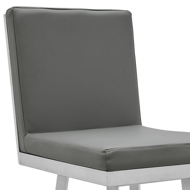 30" Gray And Silver Faux Leather And Iron Swivel Bar Height Bar Chair