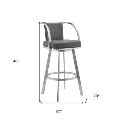 30" Gray And Silver Faux Leather And Iron Swivel Bar Height Bar Chair