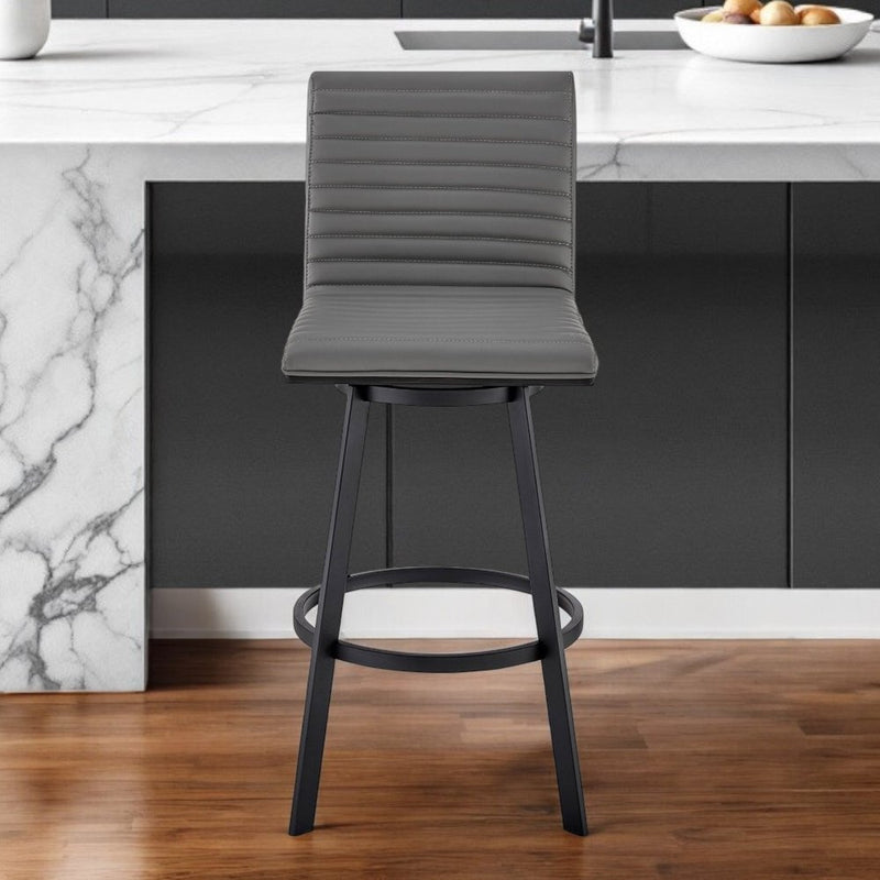 26" Gray And Black Faux Leather And Iron Swivel Counter Height Bar Chair