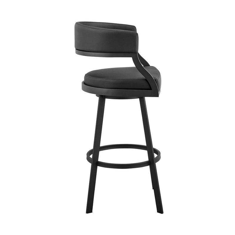 30" Black Faux Leather And Iron Swivel Low Back Bar Height Bar Chair