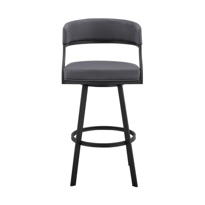 30" Gray And Black Faux Leather And Iron Swivel Low Back Bar Height Bar Chair