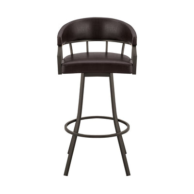 30" Brown Faux Leather And Iron Swivel Low Back Bar Height Bar Chair
